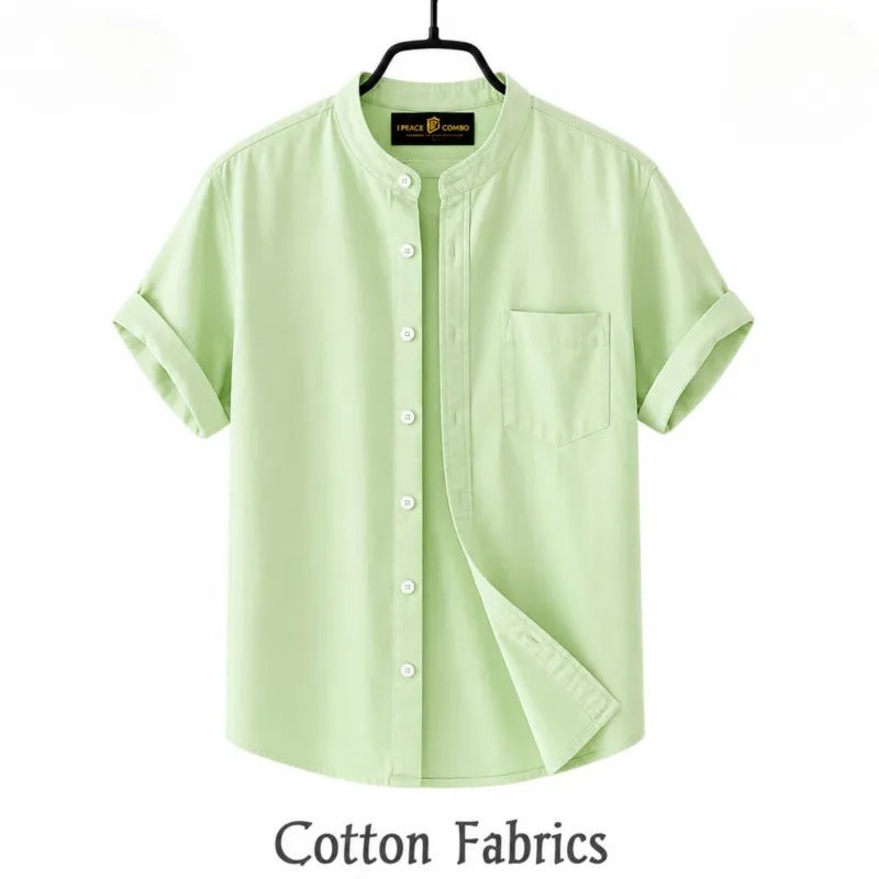 Men's Oxford Cotton Band Collar Half Sleeve Shirt, Slim Fit