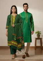 Couple Block Print Three Piece with Dhupian Silk Panjabi, 6 Colours