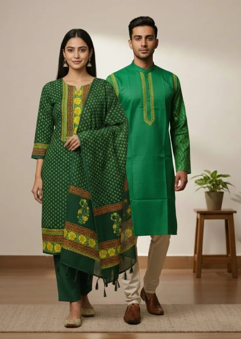 Couple Block Print Three Piece with Dhupian Silk Panjabi, 6 Colours