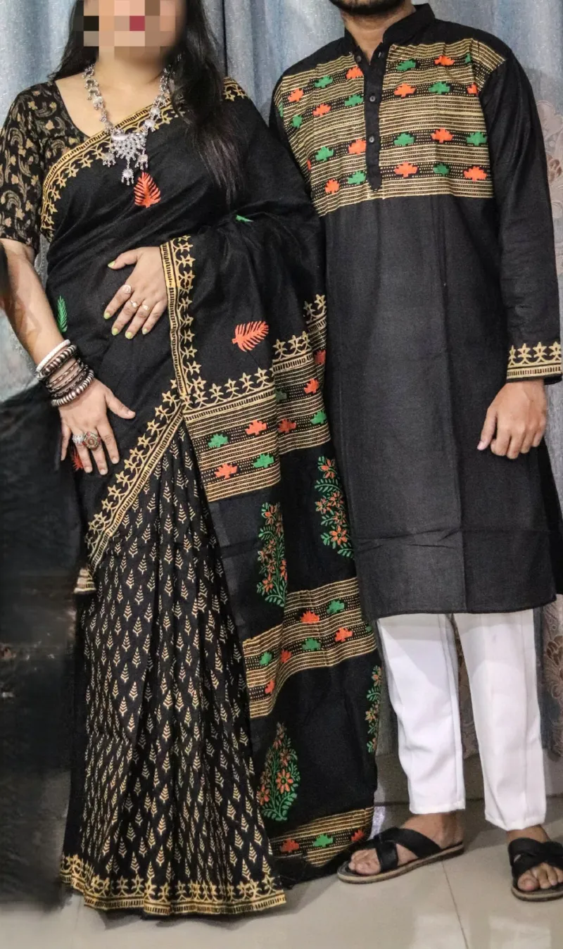 Matching Dhupian Silk Saree and Panjabi for Couples, 6 Colours