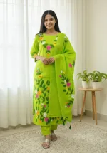 Block and Hand Print Unstitched Three Piece with Tassel Orna