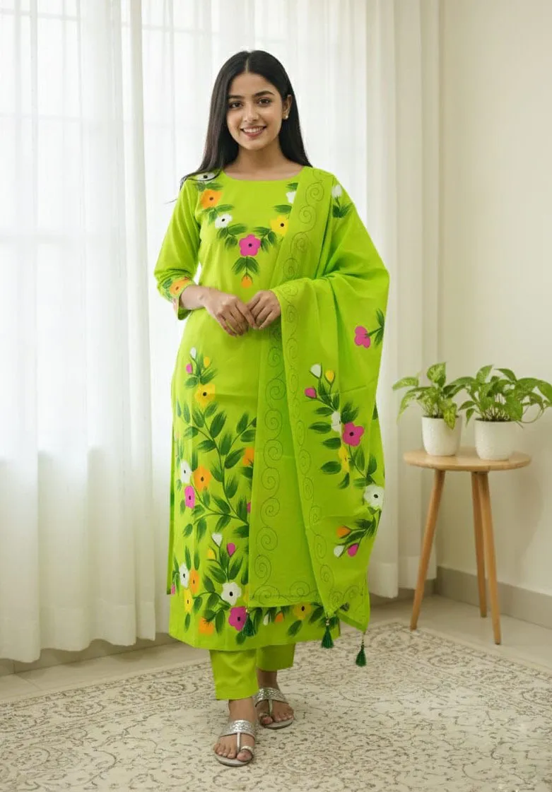 Block and Hand Print Unstitched Three Piece with Tassel Orna