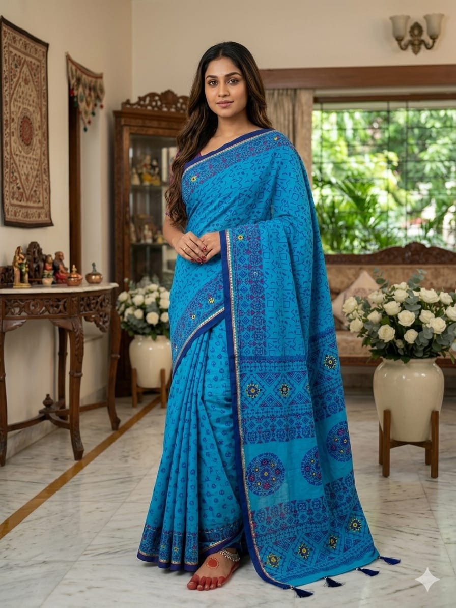 Tangail Silk Screen Print Saree with Tassels, 13.5 Haath