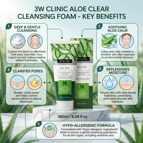 3W Clinic Aloe Clear Cleansing Foam 180ml (Korea)