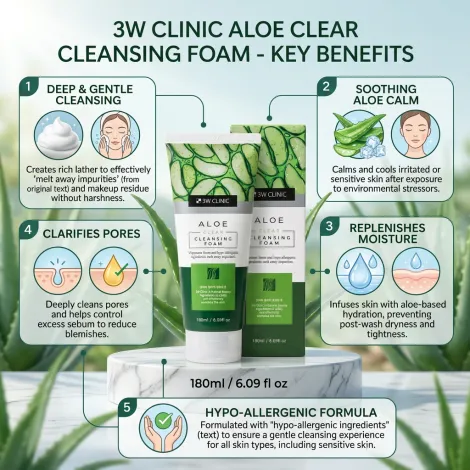 3W Clinic Aloe Clear Cleansing Foam 180ml (Korea)