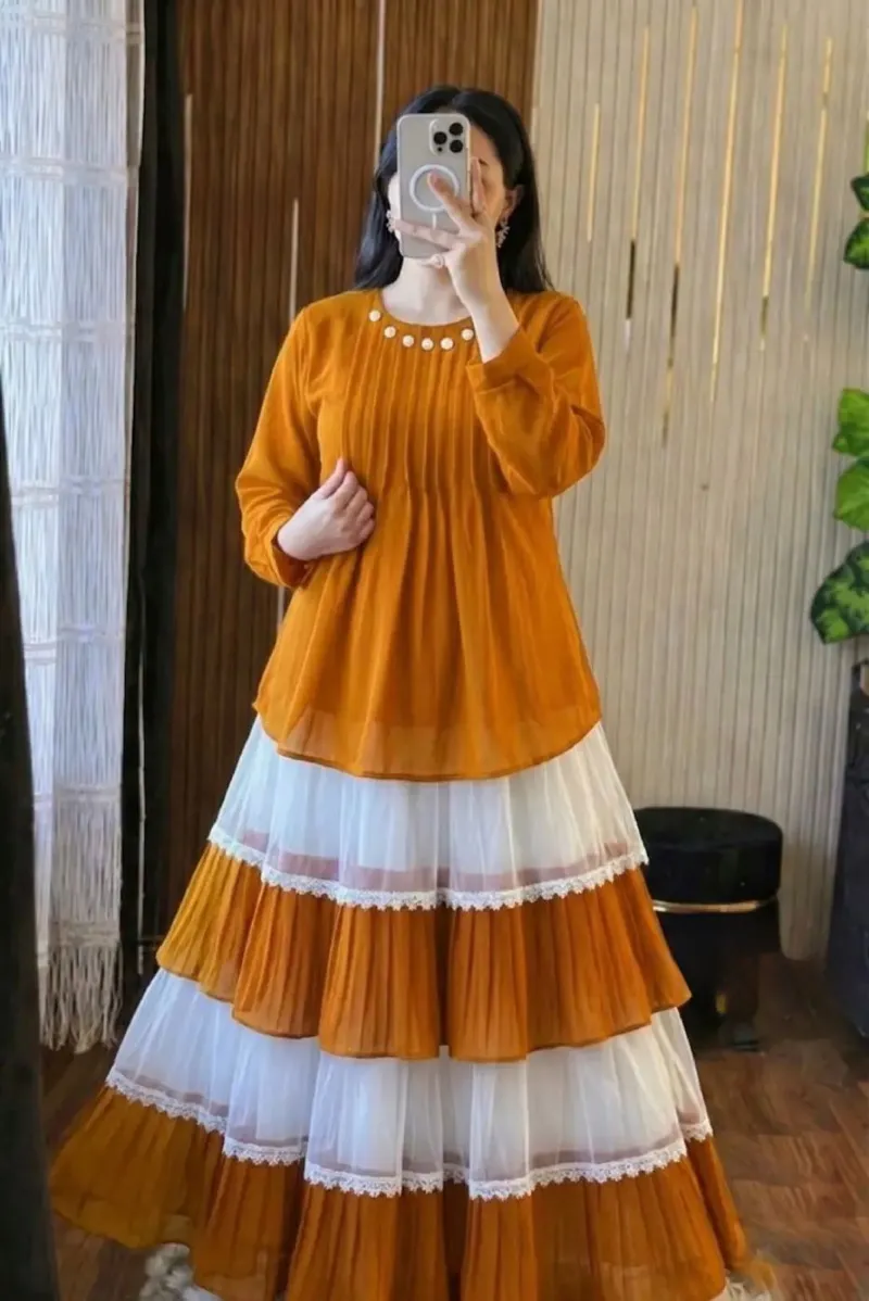 Ladies' Cherry Georgette Tops and Skirt Set with Lined Skirt