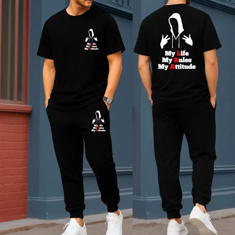 Men's Pure Cotton Drop Shoulder Tee and Suit Fabric Trouser Set