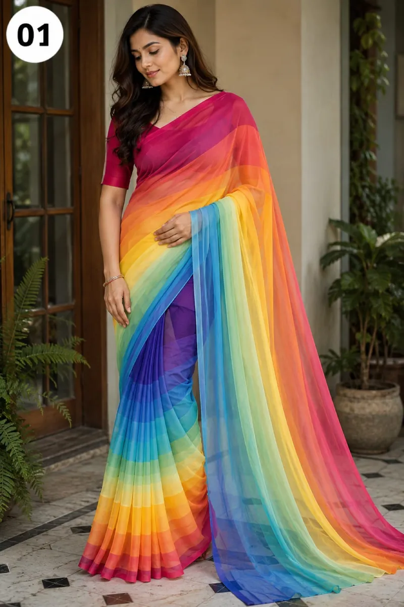 Women's Rainbow Georgette Party Saree, 6 Colours