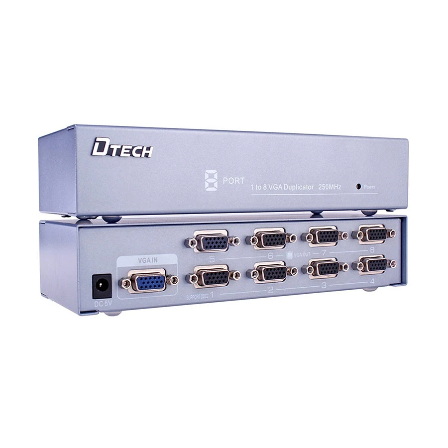 Dtech DT-7258 VGA 1 In 8 Out Splitter with Power Adapter, Gray