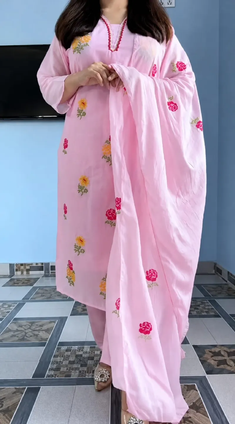 Floral Embroidery Cotton Garara Dress with Embroidered Orna