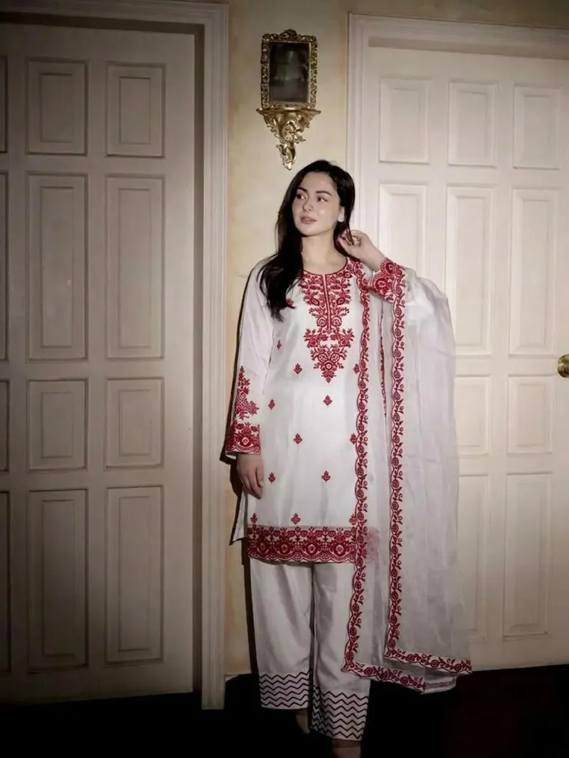 Readymade Pure Cotton Three Piece with Neck and Side Embroidery