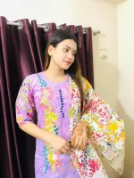 Embroidered Voile Three Piece with Screen Print Cotton Orna