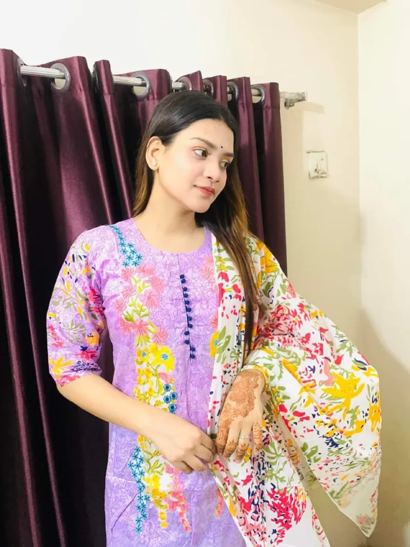 Embroidered Voile Three Piece with Screen Print Cotton Orna