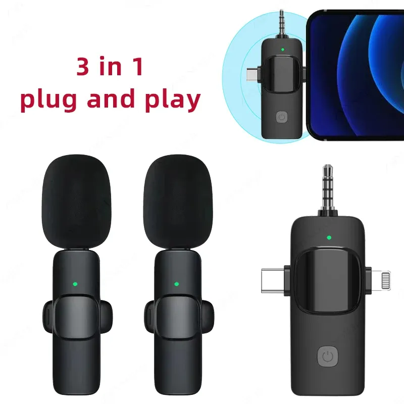 3-in-1 Wireless Lavalier Mic for iPhone, Type-C, 3.5mm