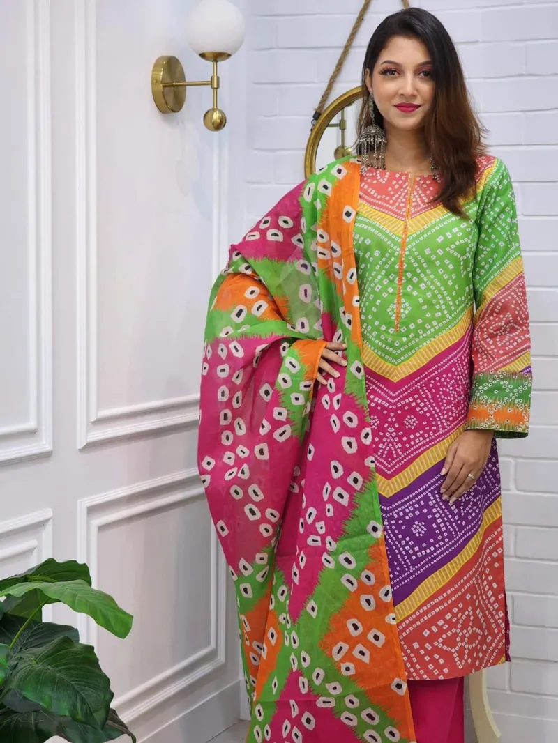 Women's Cotton Three Piece with Butter Silk Salwar, 3 Colours