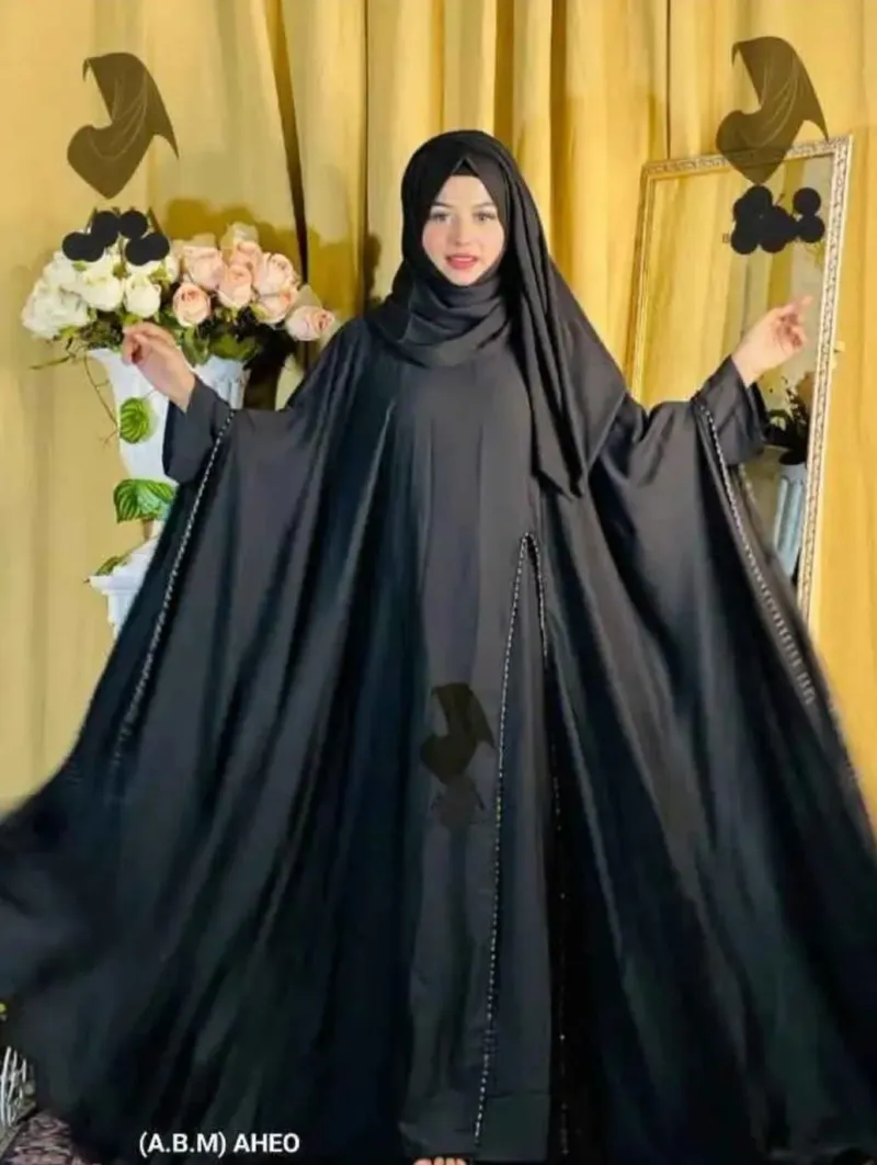 Lace Work Abaya with Inner, Koti and Hijab, Free Body Size