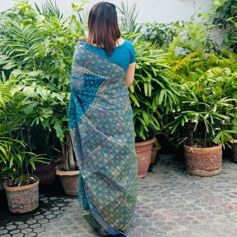 Semi Muslin Block Print Saree with Embroidery and Dollar Work
