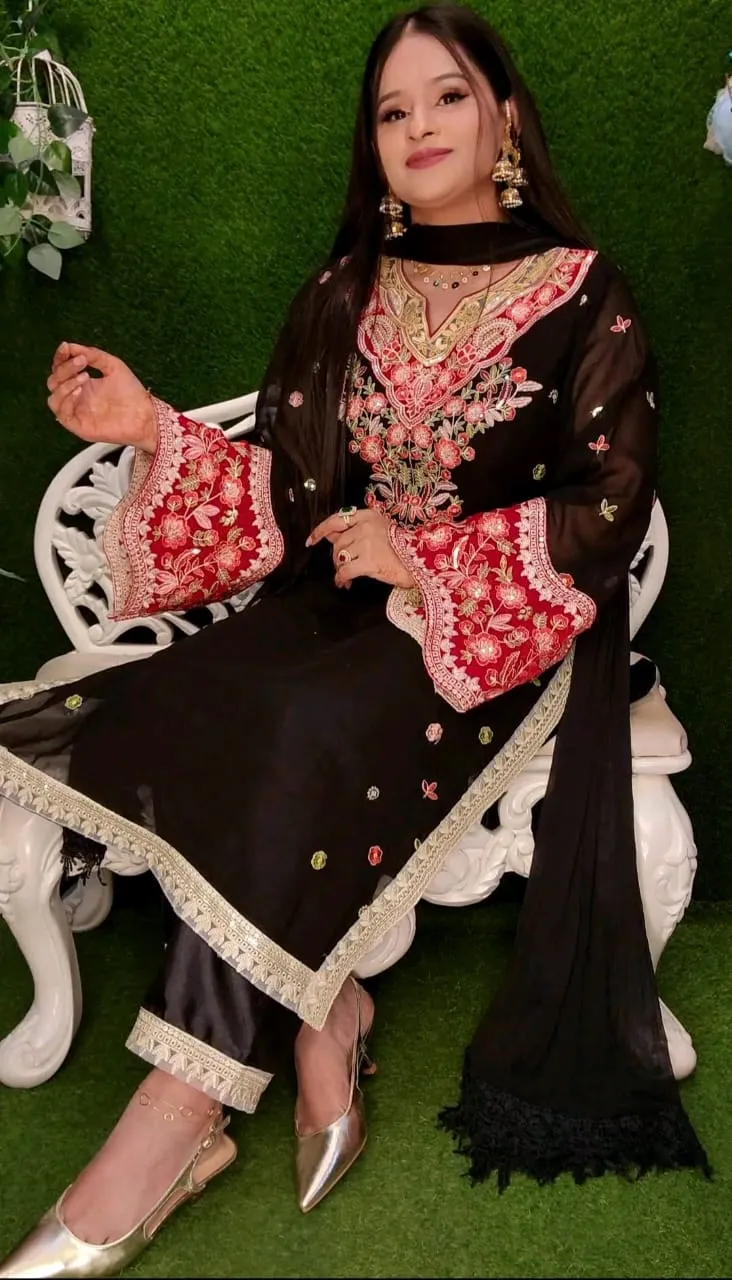 Sequin Embroidered Georgette Three Piece, 3 Colours, Sizes L and XL