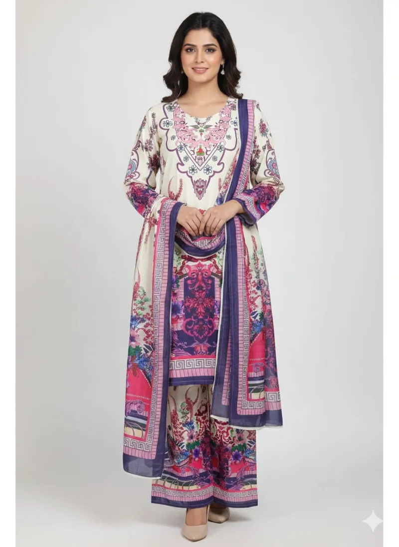 Women's Silk Digital Print Three Piece with Semi Cotton Orna