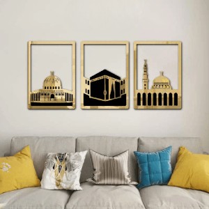 Kaaba, Masjid Al Aqsa, Masjid An Nabawi Acrylic Calligraphy Golden Color