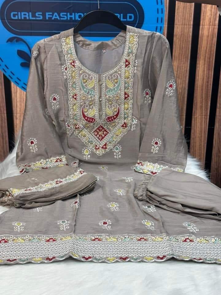 Readymade Crepe Chinon Georgette Three Piece with Tassel Orna