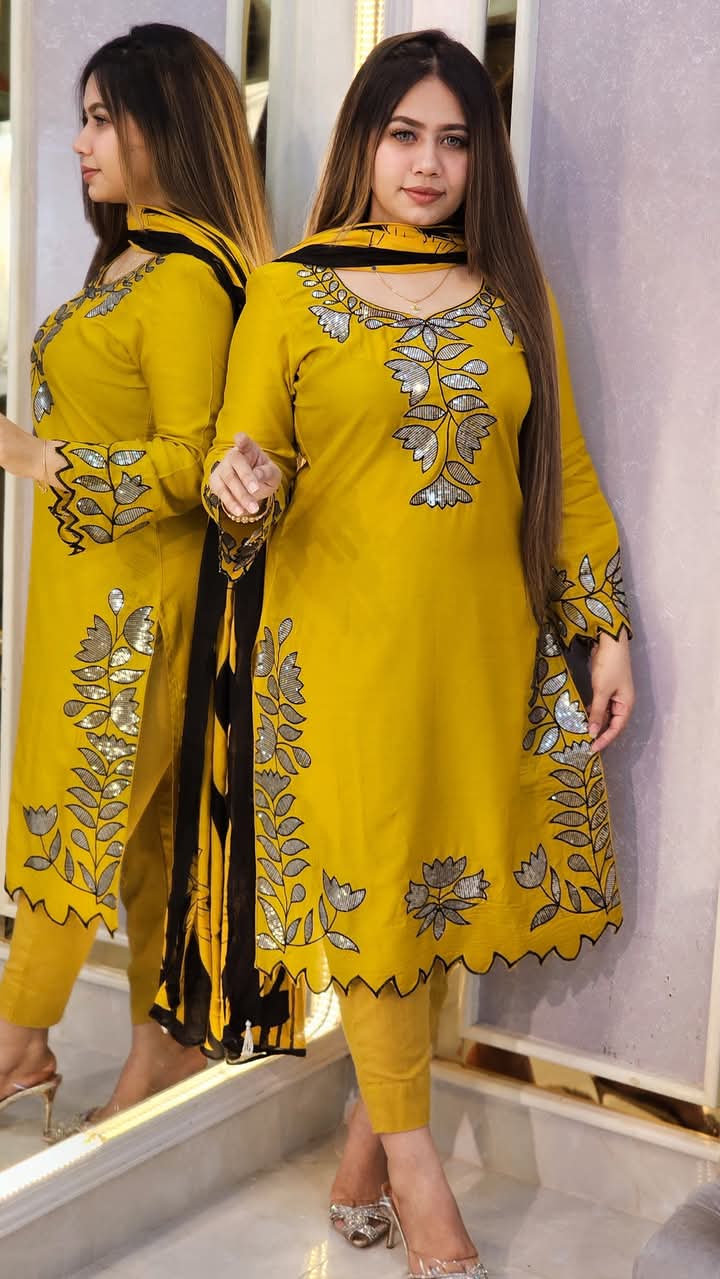 Linen Sequin Embroidery Three Piece with Cotton Orna, 38 to 44