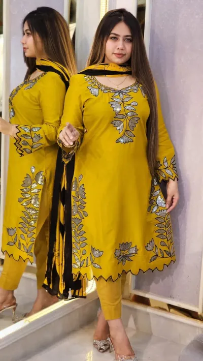 Linen Sequin Embroidery Three Piece with Cotton Orna, 38 to 44