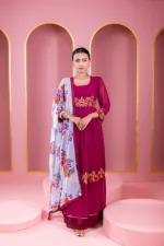 Georgette Embroidered Party Gown Set, Free Size to 48 Inch, 6 Colours