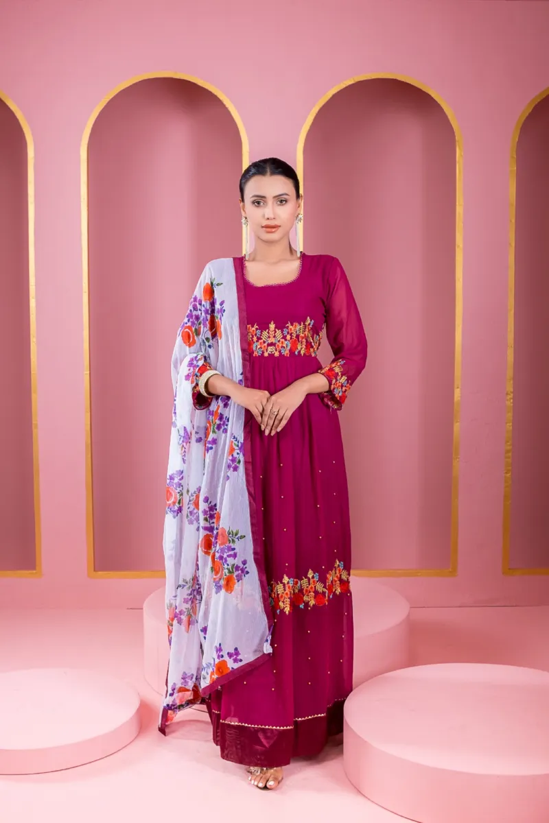 Georgette Embroidered Party Gown Set, Free Size to 48 Inch, 6 Colours
