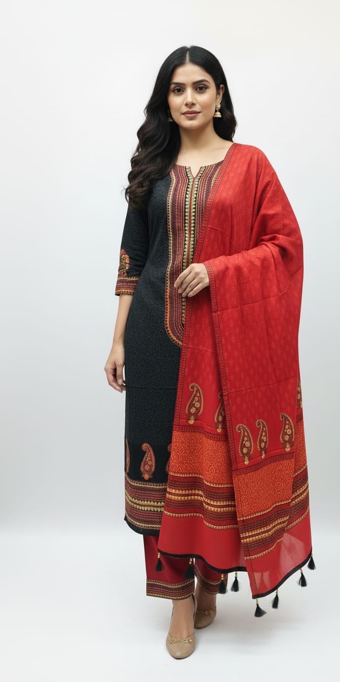 Unstitched Voile Three Piece, Five Haath Orna with Tassels