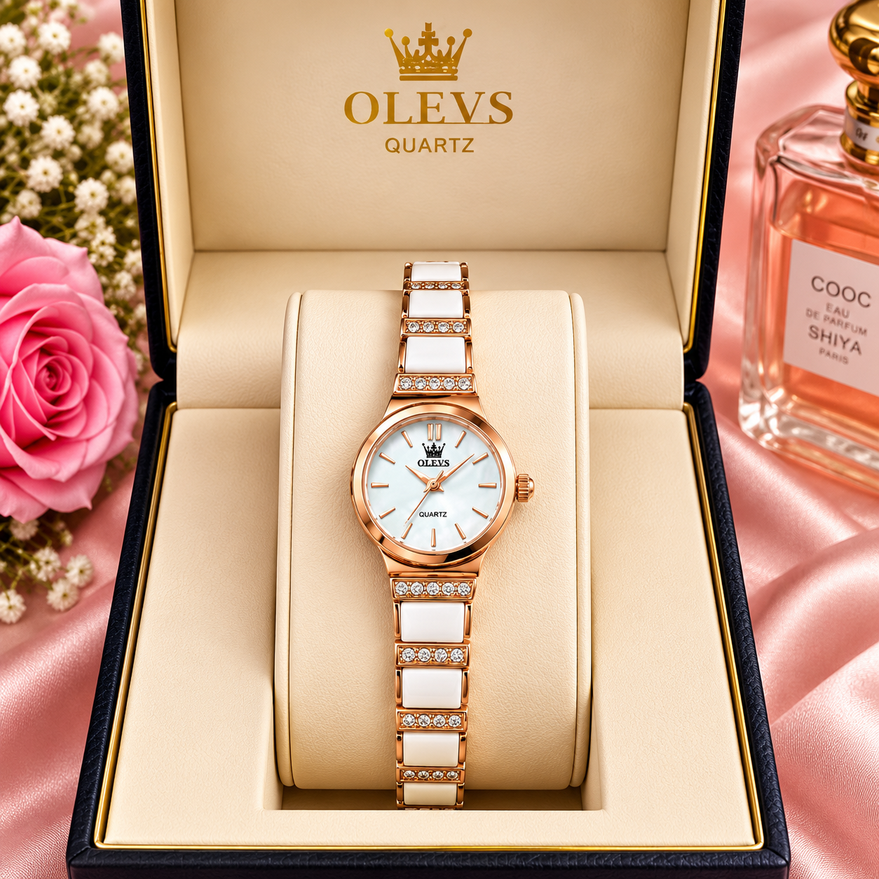 OLEVS Rose Gold & White Ceramic Diamond Luxury Women's Quartz Watch