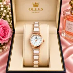 OLEVS Rose Gold & White Ceramic Diamond Luxury Women's Quartz Watch