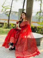 Block Print Semi Muslin Saree with Cotton Voile Blouse, 14 Haath