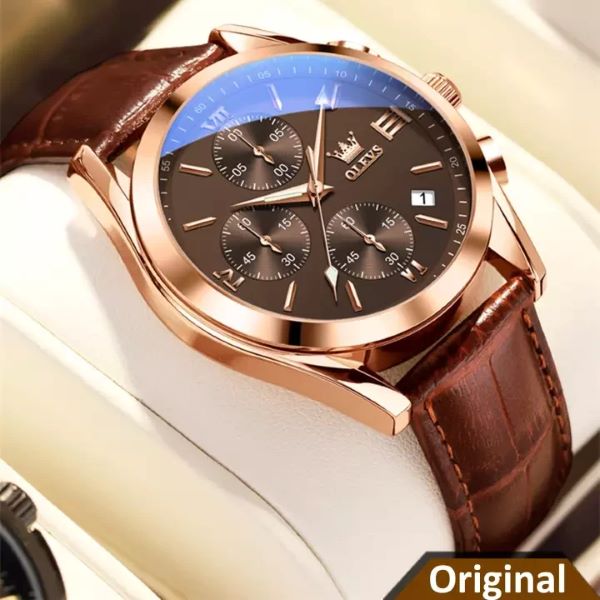 OLEVS 2872 Men Waterproof Watch Luxury Brand Date Sport Leather Luminous Clock