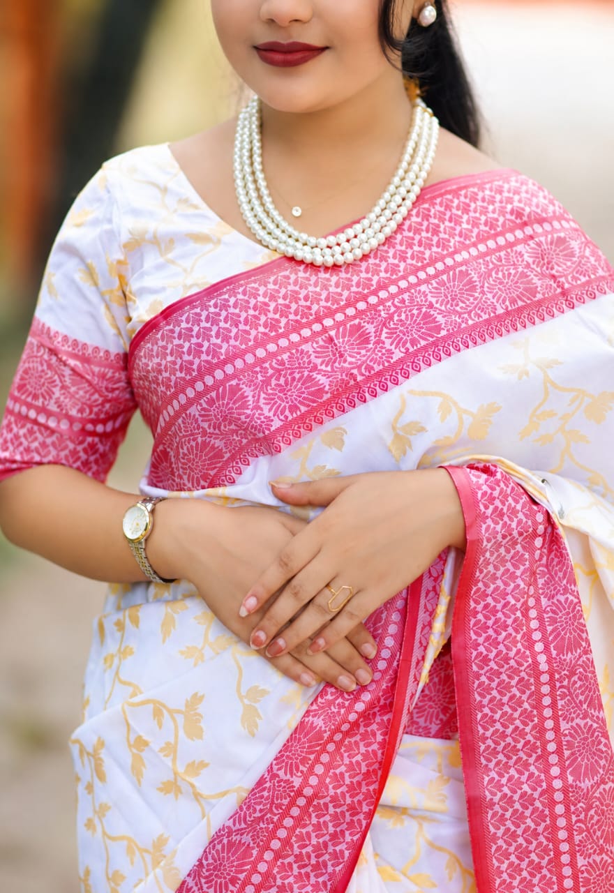 Kashmiri Work Katan Saree with Buti Design and Blouse Piece