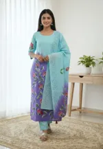 Block and Hand Print Unstitched Three Piece with Tassel Orna