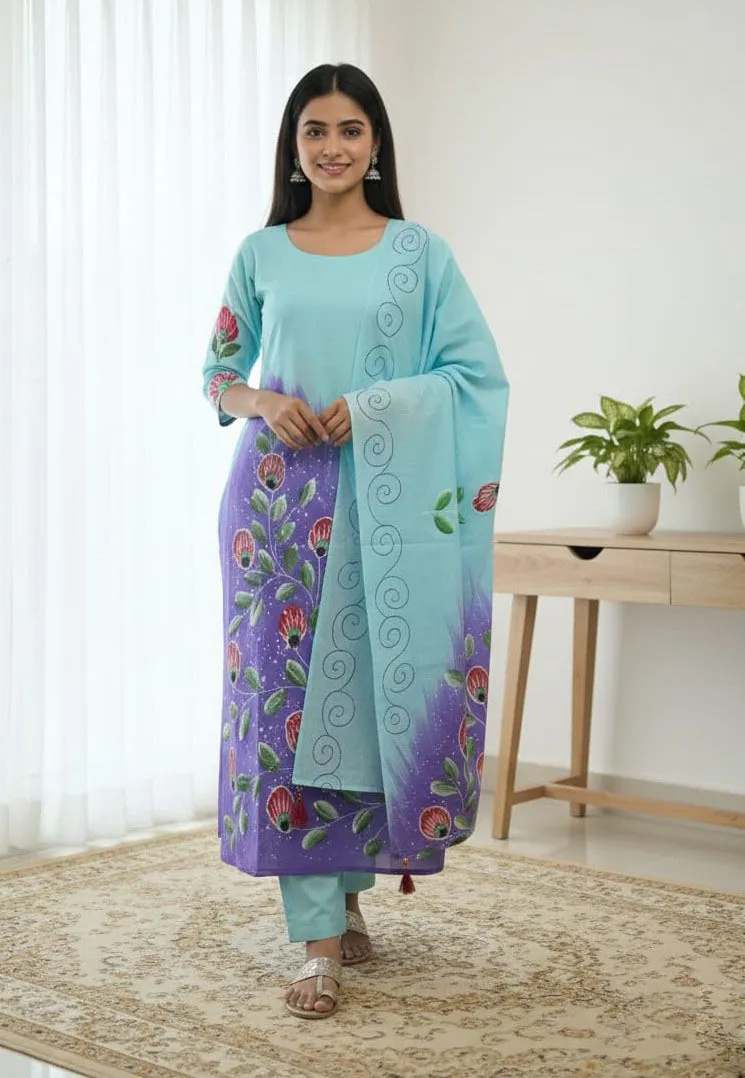 Block and Hand Print Unstitched Three Piece with Tassel Orna