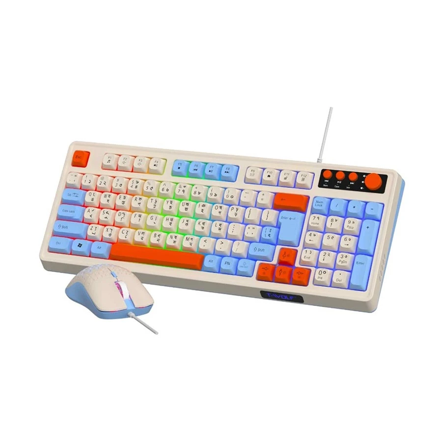 T-Wolf TF100 White Wired Gaming Keyboard & Mouse Combo with Bangla