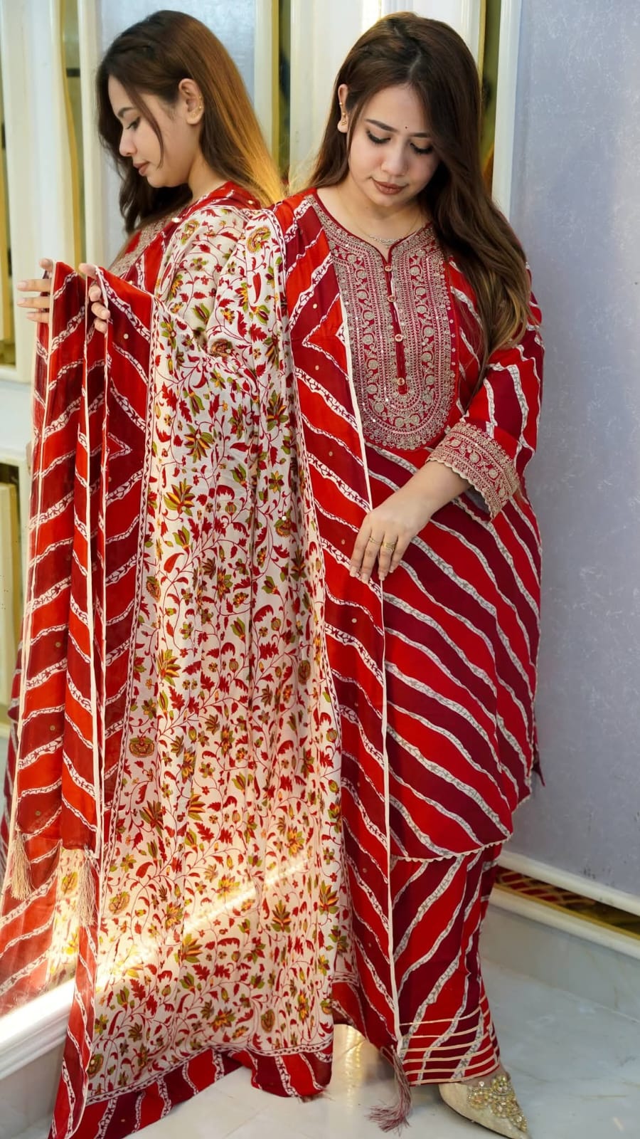 Women's Cotton Three Piece with Sequin Neck Work and Print