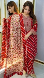 Women's Printed Cotton Three Piece, 5 Haath Orna, L to XXL