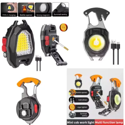3 Gear Mini Rechargeable Flashlight Pocket Keychain Torch Cigarette Lighter COB Light With Screwdriver Wrench Tactical Lantern