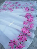 Hand Print Brush Work Saree in Half Silk, 12 Haath Long