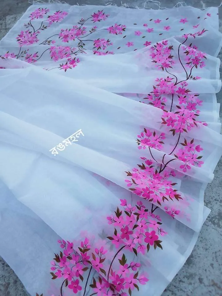 Hand Print Brush Work Saree in Half Silk, 12 Haath Long