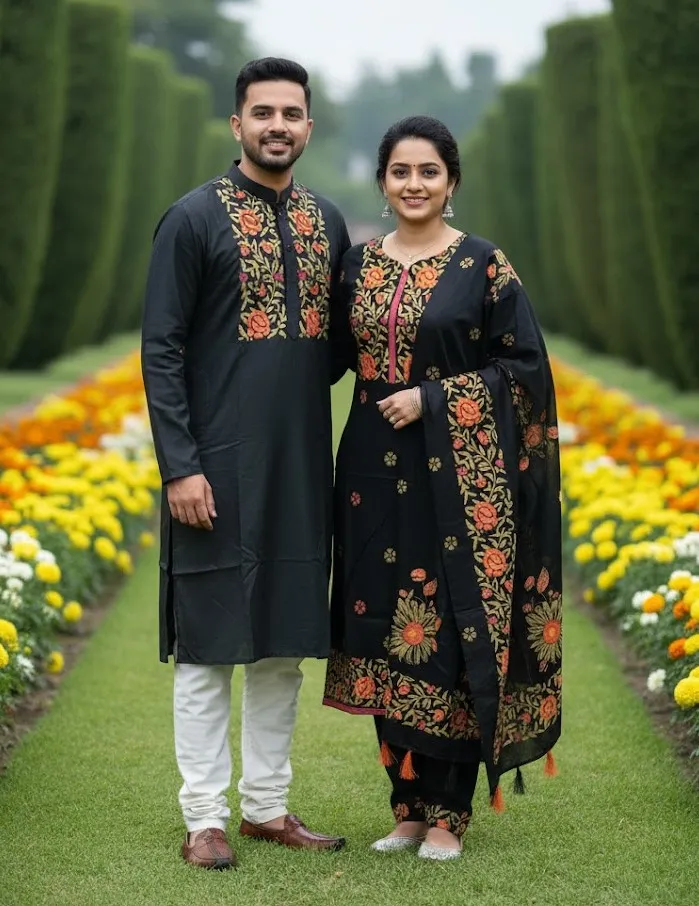 Matching Couple Set, Unstitched Voile Three Piece and Silk Panjabi