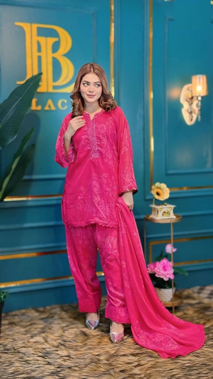 Chiffon Georgette Lace Work Three Piece with Farshi Salwar