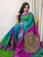 Embroidered Dhupian Silk Saree in Block Print, 13 Haath