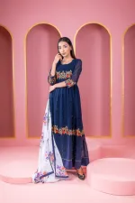 Georgette Embroidered Party Gown Set, Free Size to 48 Inch, 6 Colours