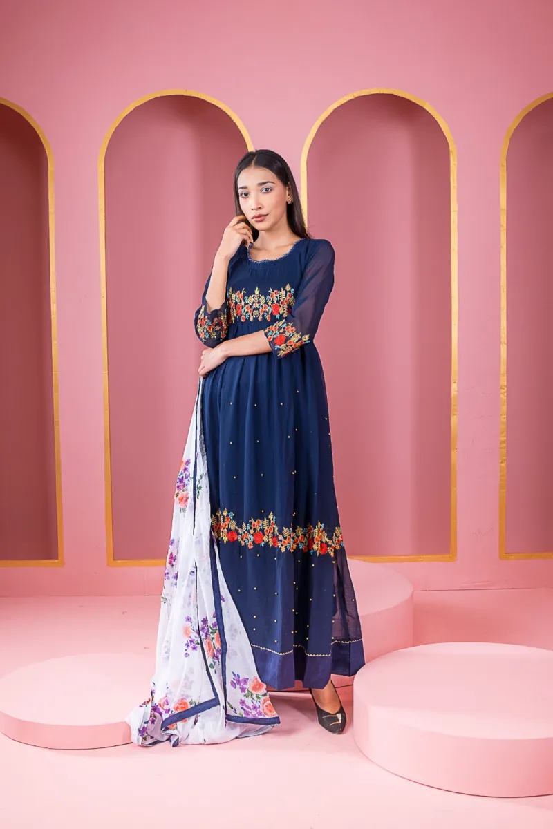 Georgette Embroidered Party Gown Set, Free Size to 48 Inch, 6 Colours