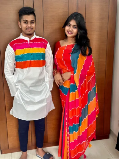 Georgette Saree and Dhupian Silk Panjabi Couple Set, Hand Print