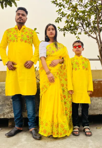 Couple Dress with Child, Dhupian Silk Saree and Panjabi Set